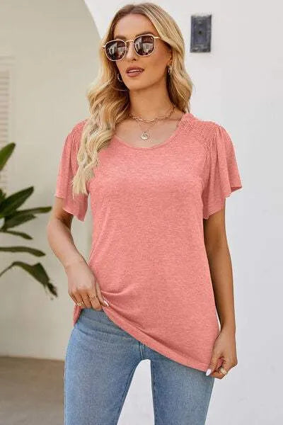 Smocked Round Neck Flutter Sleeve T-Shirt Women's T-Shirts - Tophatter Daily Deals